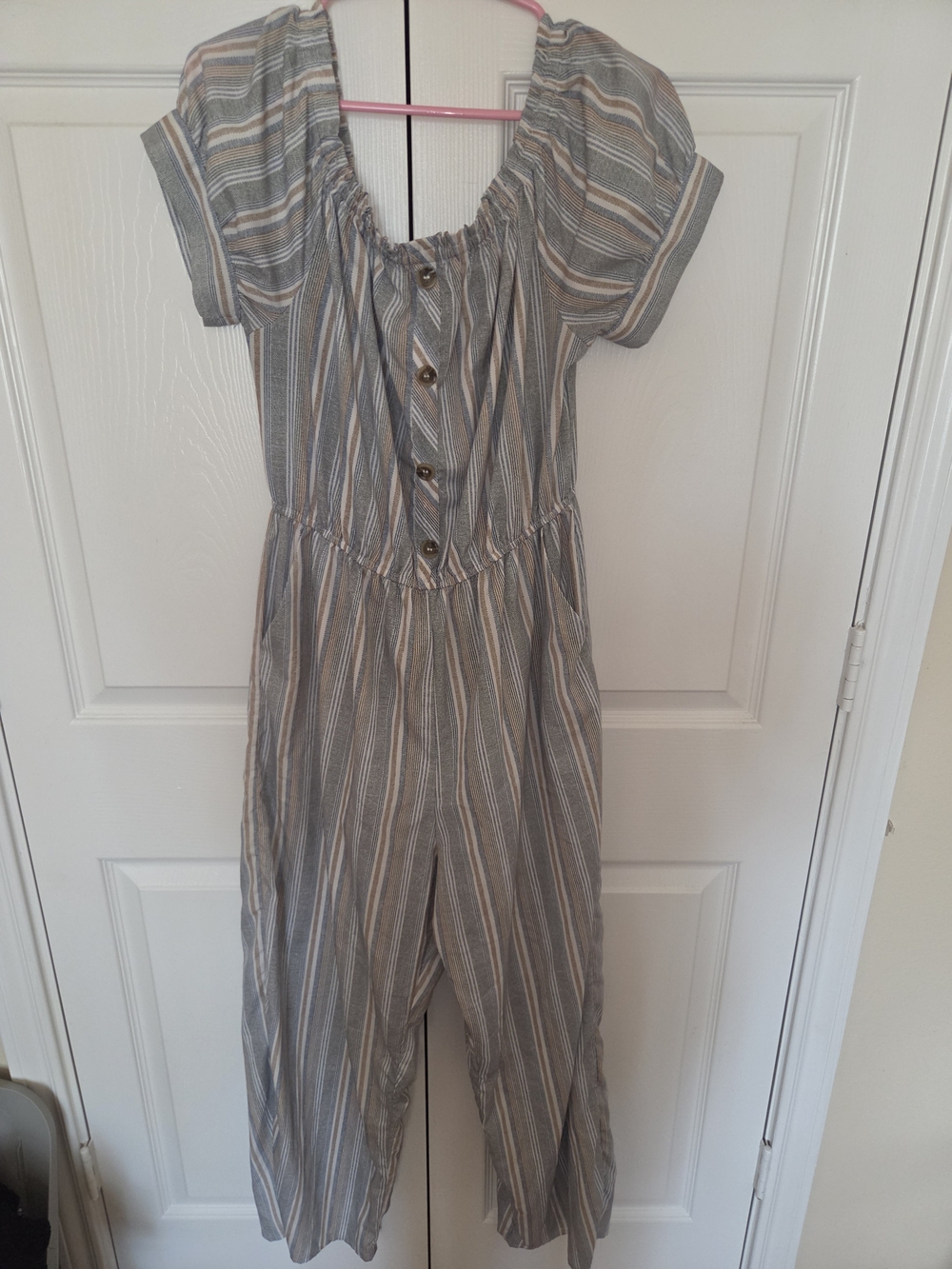 Blush Striped Short-Sleeve Jumpsuit in Gray and Cream
